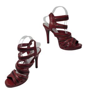 Vintage 90s Gianni Bini Red Leather Strappy Sandal 9 Zipper Stiletto Heels Punk